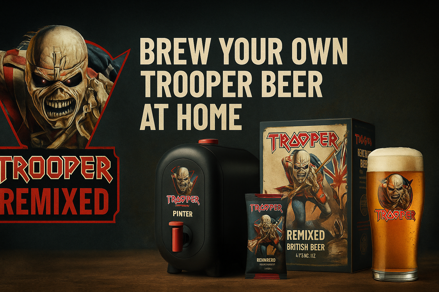 rooper Remixed British Beer home brewing kit collaboration by Iron Maiden and Pinter, including brewing system, beer mix, and exclusive Trooper glass.